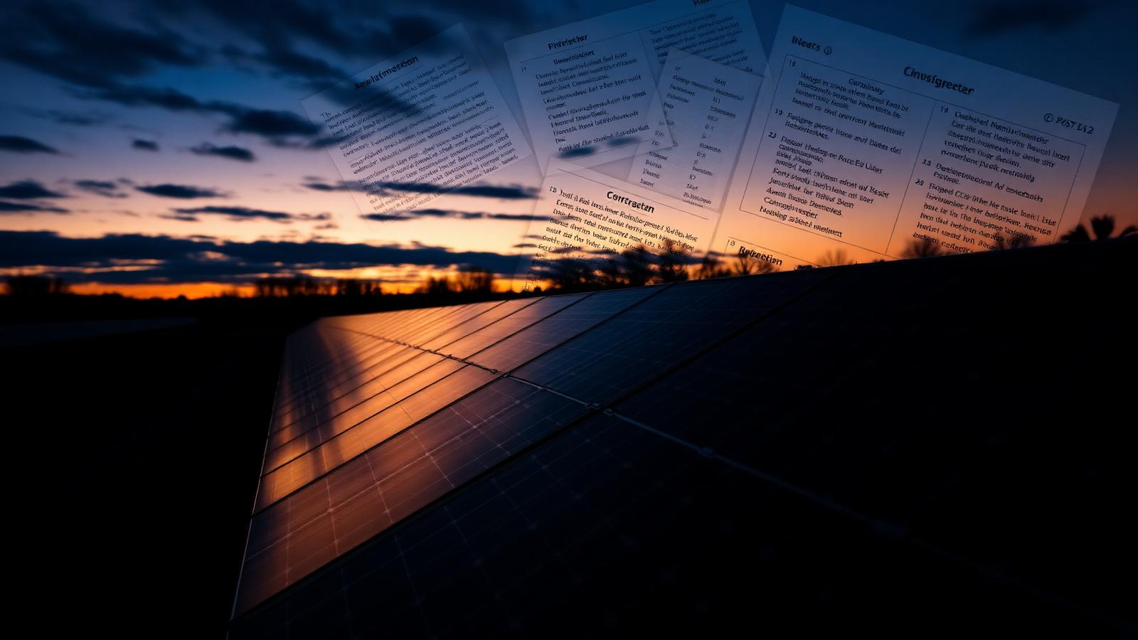 Solarpanels mit überlagerten Geschäftsdokumenten bei Dämmerung